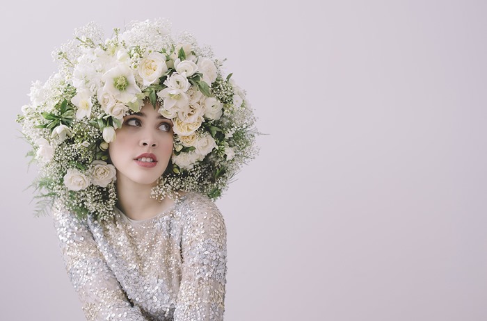 White and green Flower Fro designed by Susan McLeary for model photographed by Amanda Dumouchelle