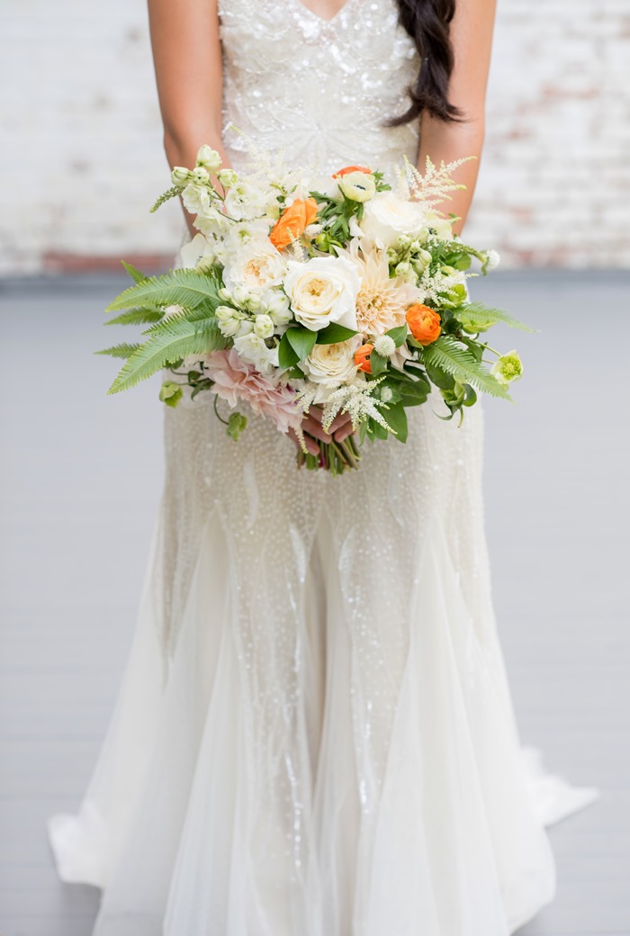 A bridal bouquet in white and green