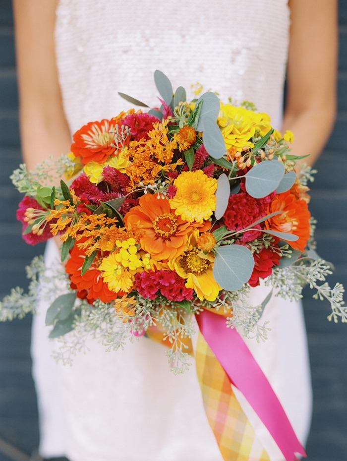 Holly Chapple bridal bouquet with red, yellow, and orange flowers for Botanical Brouhaha Expert Panel 92