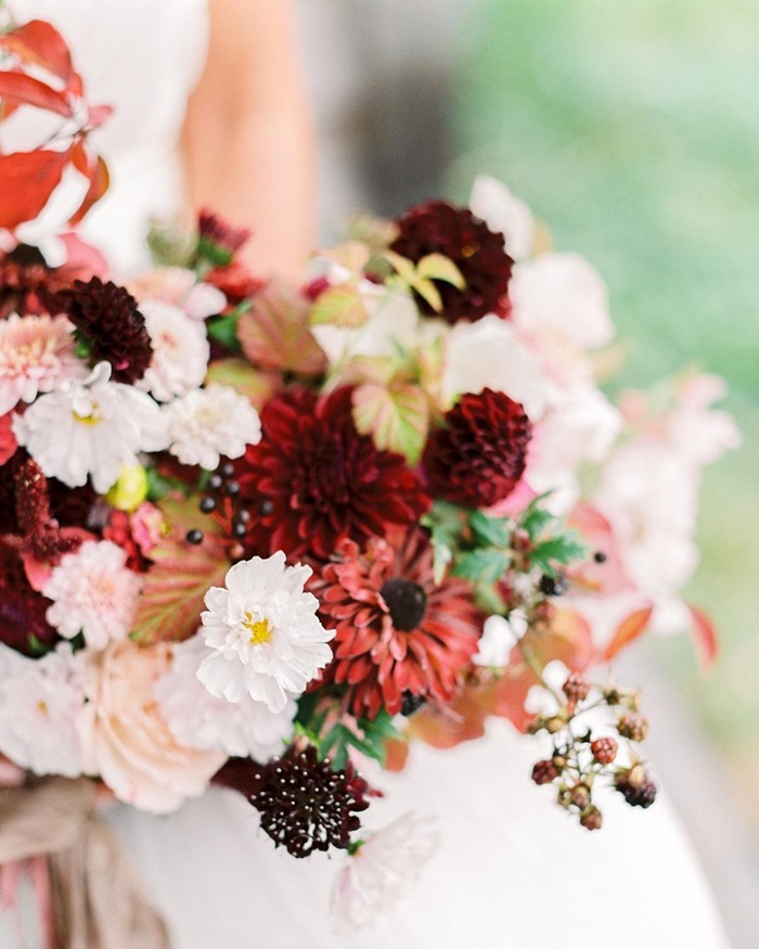 a bridal bouquet in burgundy and white for the Botanical Brouhaha Expert Panel 103 