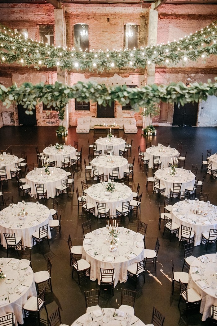 A wedding reception hall using custom garlands