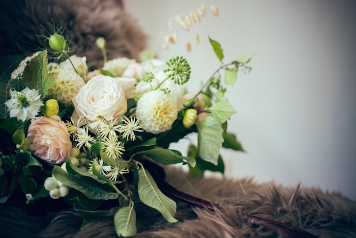 bridal bouquet of white dahlias, roses, nigella, and snowberries for Botanical Brouhaha Expert Panel 106