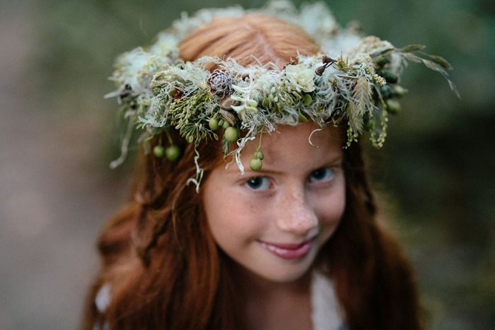 Flower girl with auburn hair wearing a botanical flower crown designed by Francoise Weeks Stephanie Jarstad Photography