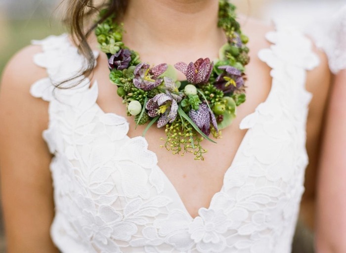 Botanical necklace on bride designed by Francoise Weeks Taken by Sarah Photography