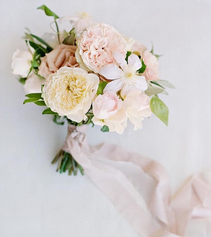 White and pale pink bridal bouquet designed by Oak and the Owl - bouquet tied with pale pink ribbon from Froufrou Chic ribbon - photographed by Joel Serrato Photography