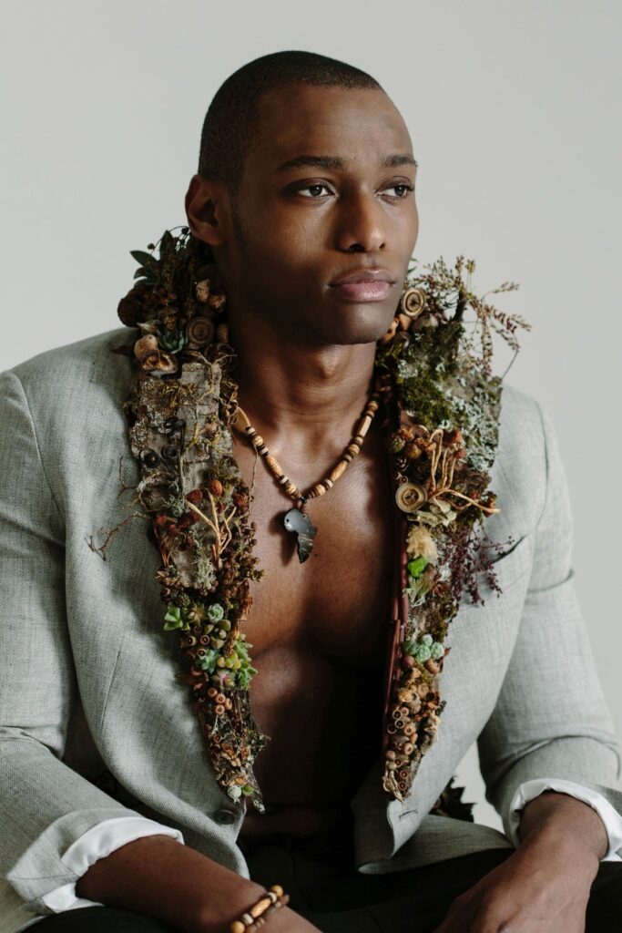 Botanical Collar designed by Françoise Weeks on a man's suit