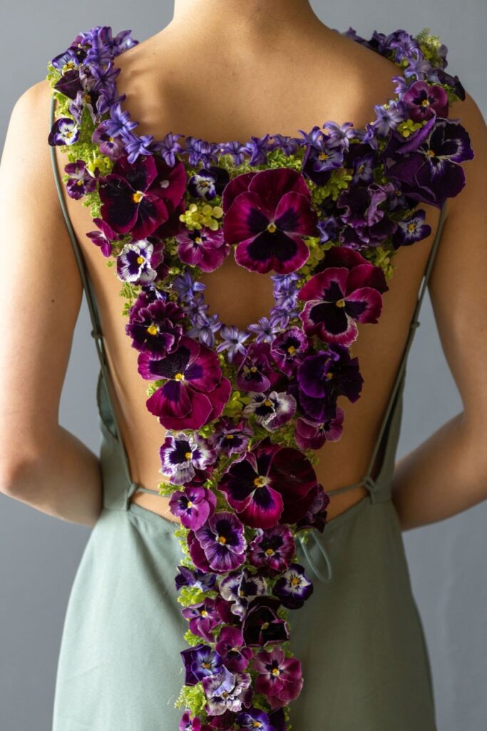 Lavender and purple flowered cape designed by Françoise Weeks for the back of a sage green evening gown