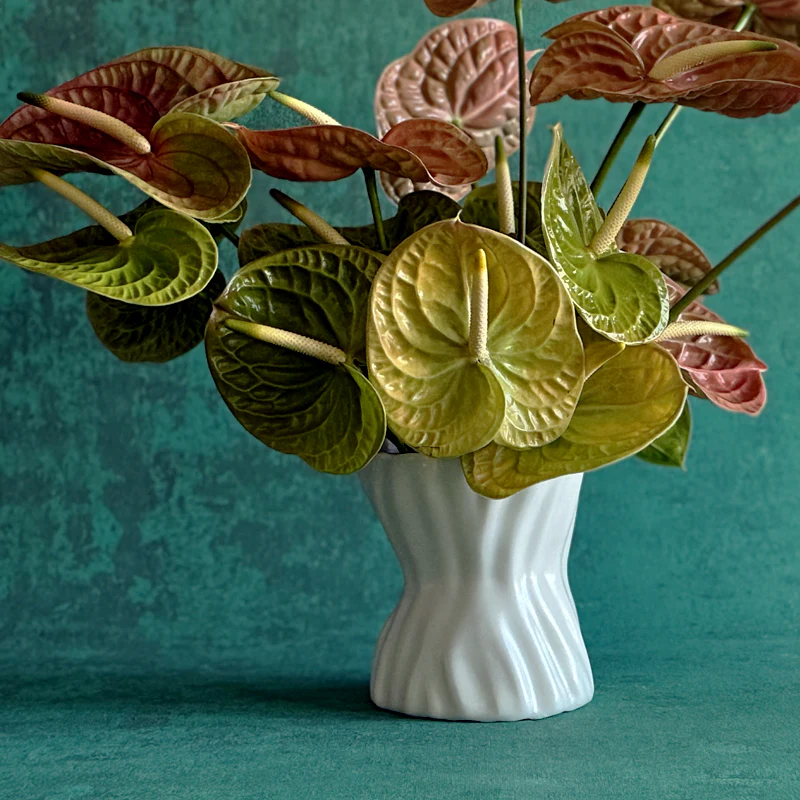 Barely Cinched white vase designed by Sullivan Owen holds a bouquet of green and pink anthurium 